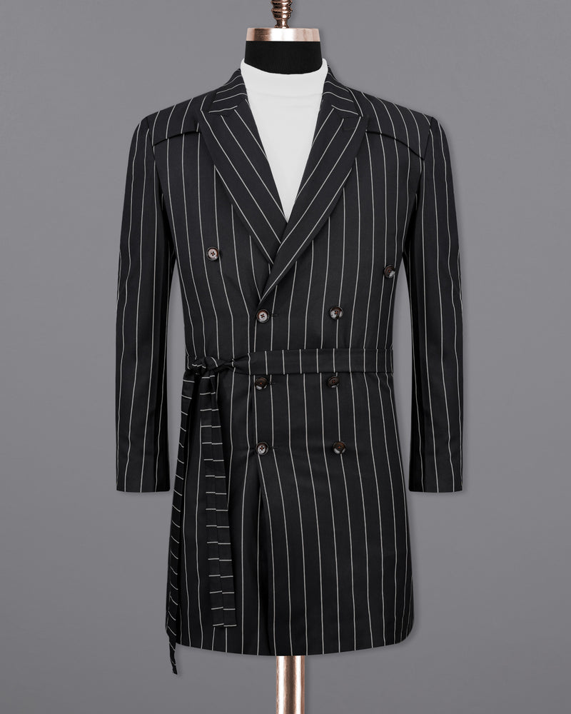 Jaguar Black with Concrete Gray Striped Double Breasted Belt Closure Trench Coat Belt Closure