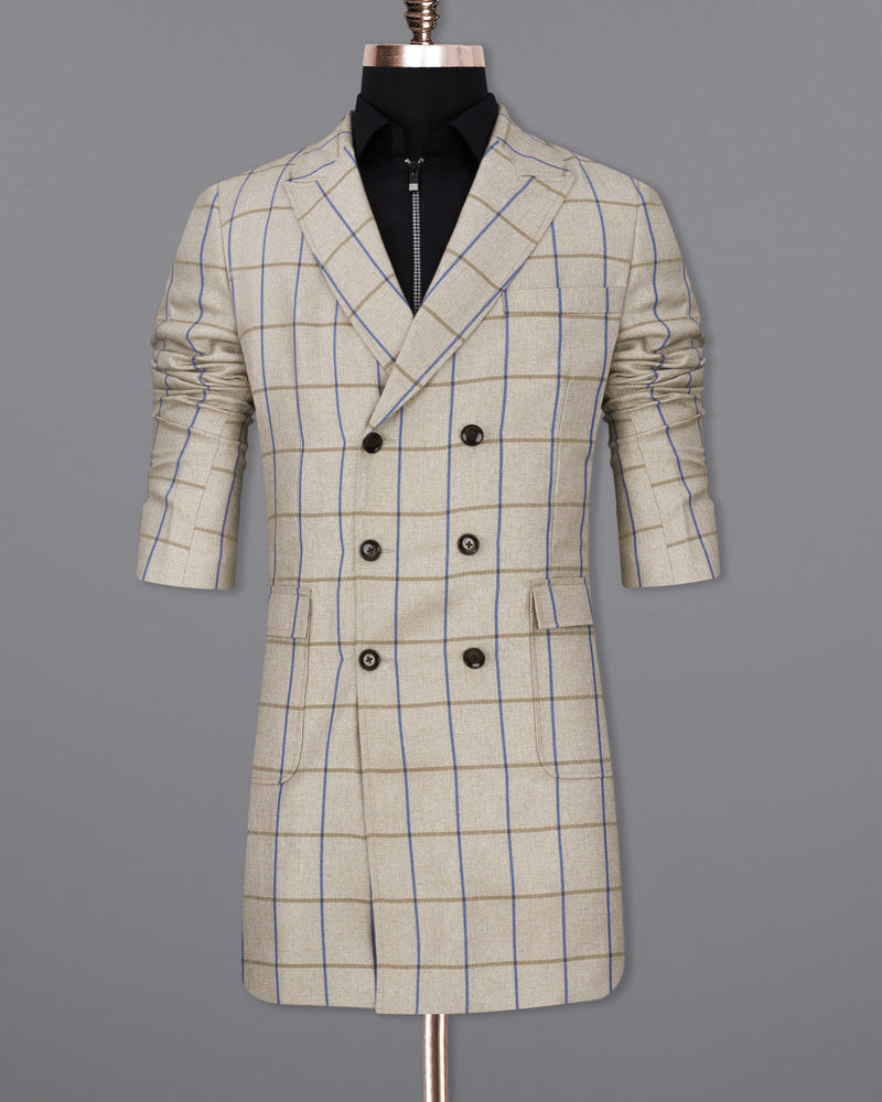 Coriander Cream Windowpane Double Breasted Trench Coat