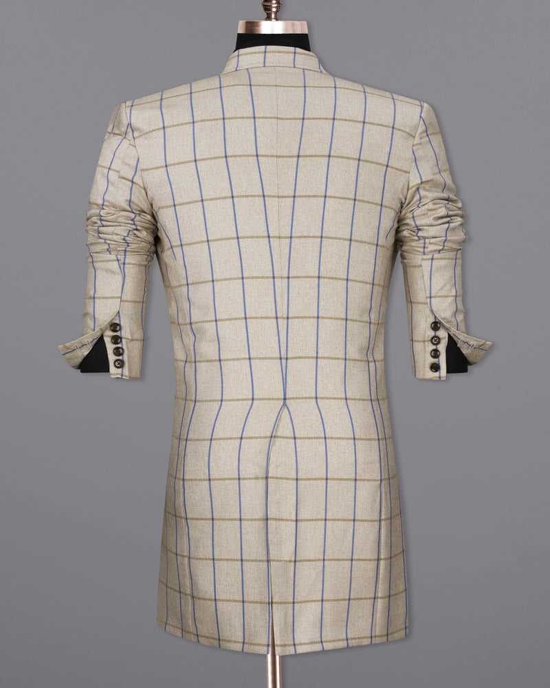 Coriander Cream Windowpane Double Breasted Trench Coat