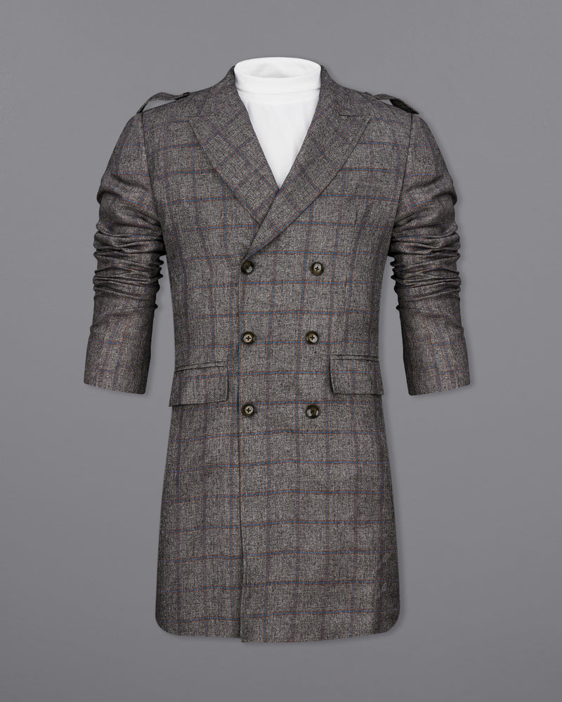 Fuscous Gray Windowpane Double Breasted Designer Trench Coat