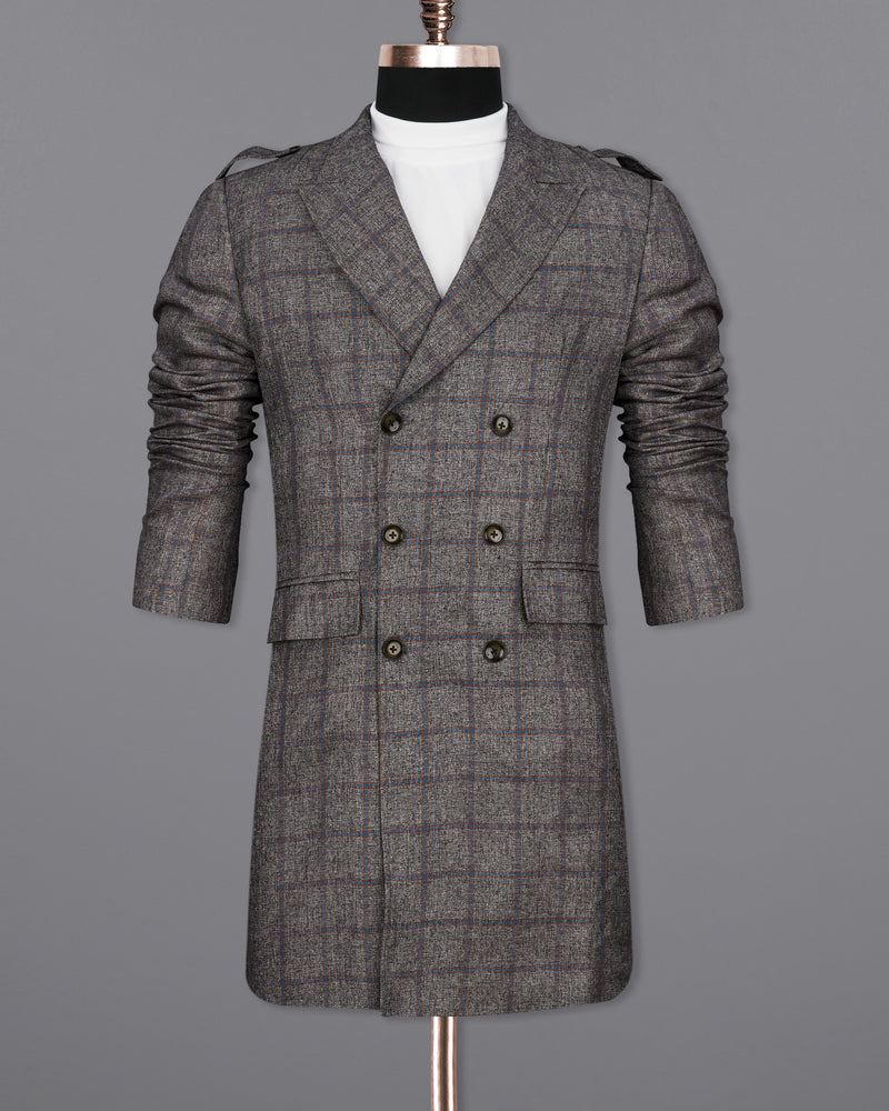 Fuscous Gray Windowpane Double Breasted Designer Trench Coat