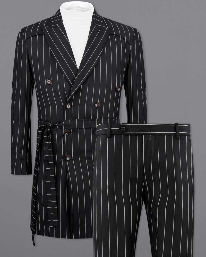 Jaguar Black with Concrete Gray Striped Double Breasted Trench Coat Belt Closure with Pant