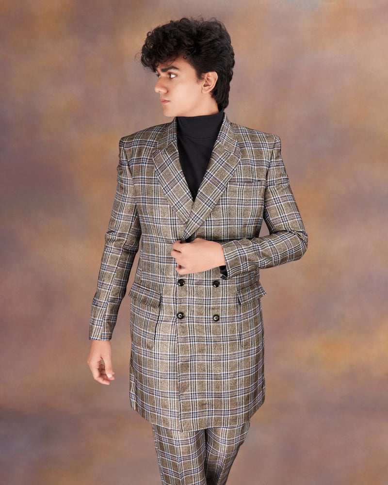 Shadow Brown with Rhino Blue Plaid Double Breasted Trench Coat With Pants