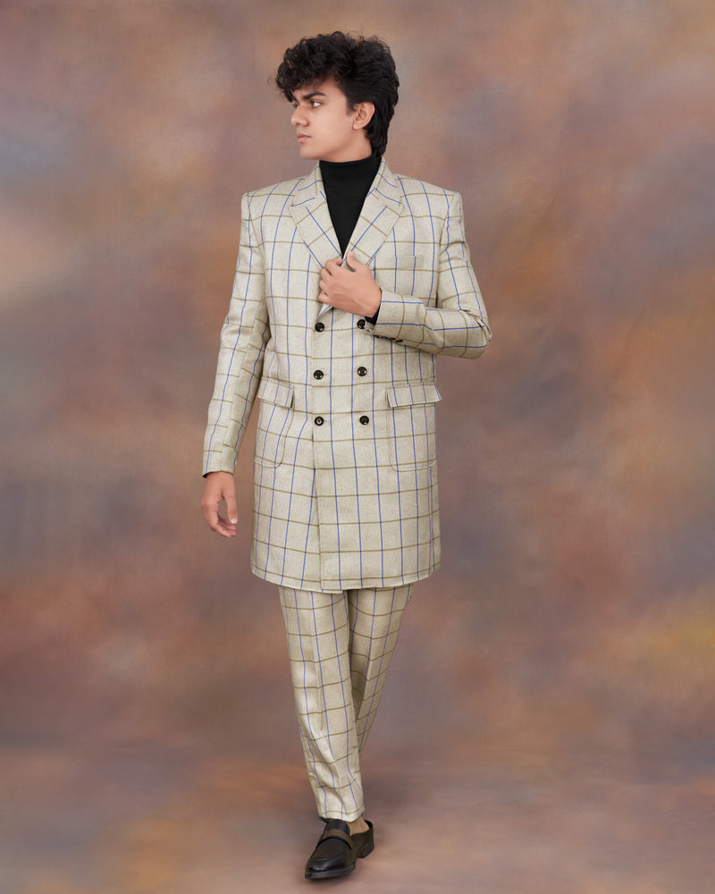 Coriander Cream Windowpane Double Breasted Trench Coat With Pants