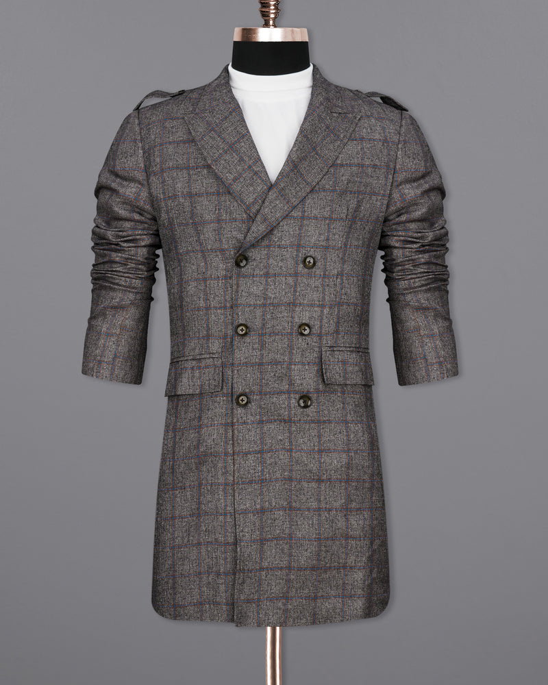 Fuscous Gray Windowpane Double Breasted Designer Trench Coat with pant