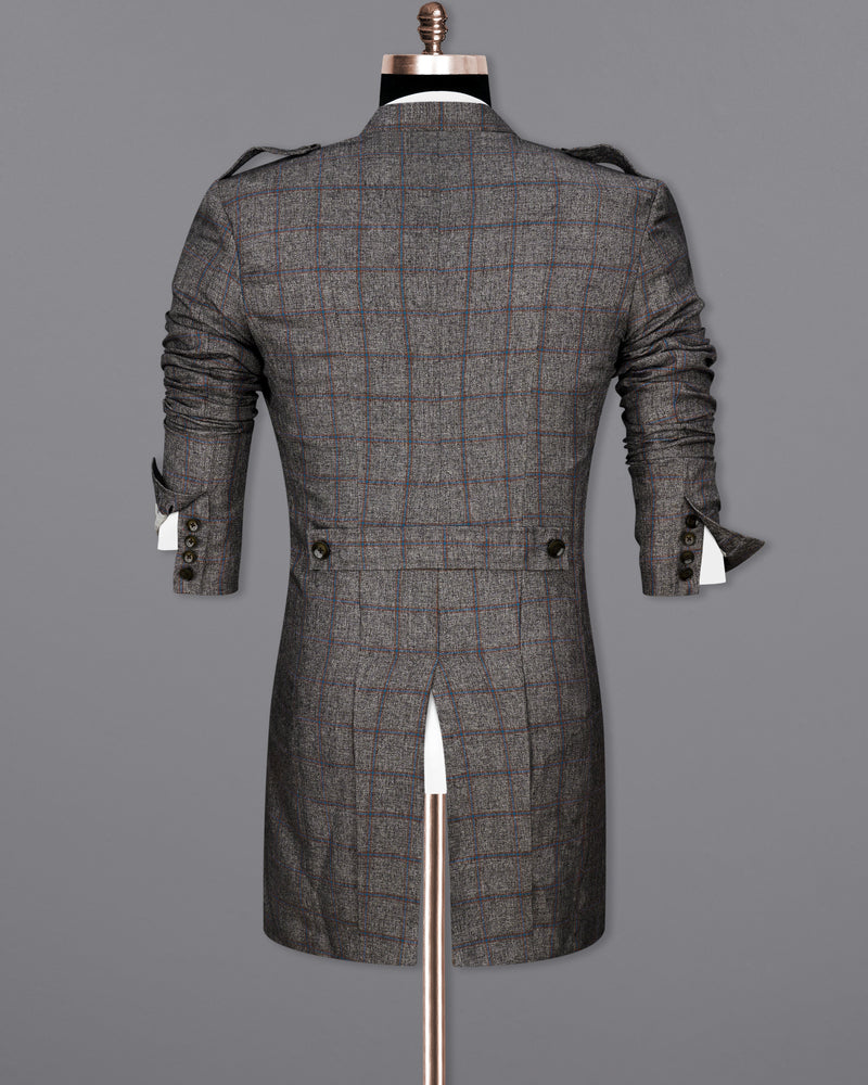 Fuscous Gray Windowpane Double Breasted Designer Trench Coat with pant