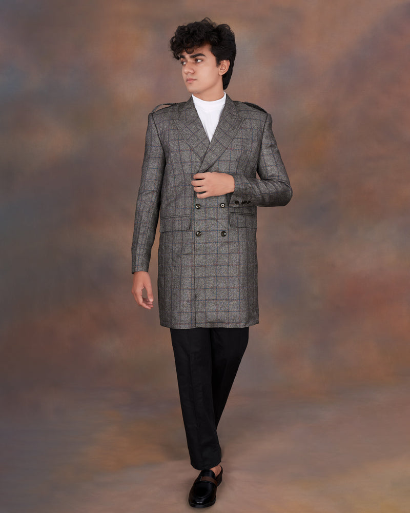 Fuscous Gray Windowpane Double Breasted Designer Trench Coat with pant