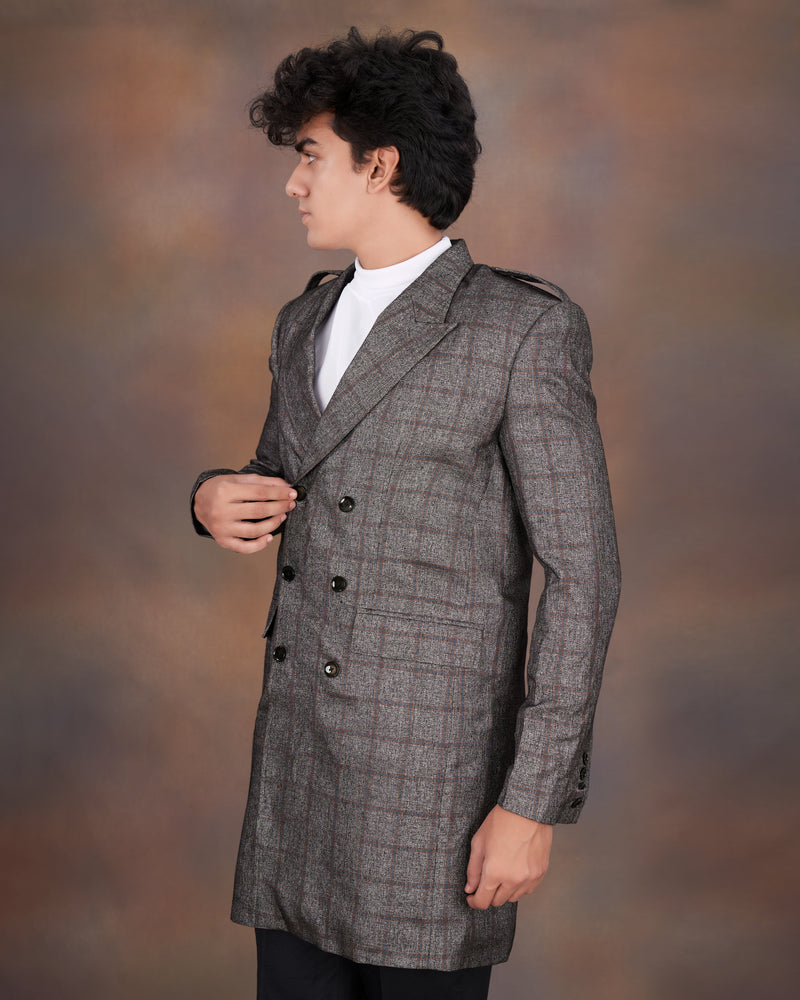 Fuscous Gray Windowpane Double Breasted Designer Trench Coat with pant