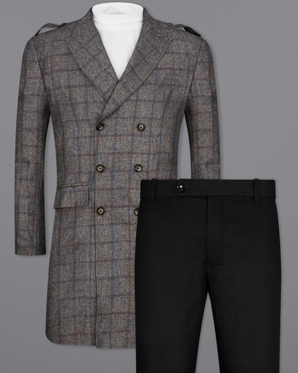 Fuscous Gray Windowpane Double Breasted Designer Trench Coat with pant