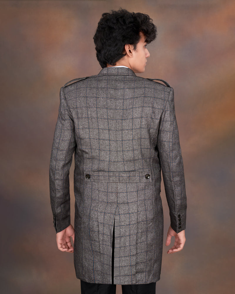 Fuscous Gray Windowpane Double Breasted Designer Trench Coat with pant