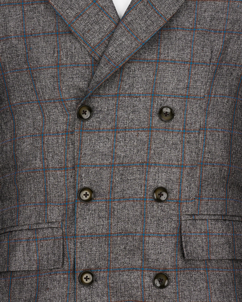 Fuscous Gray Windowpane Double Breasted Designer Trench Coat with pant