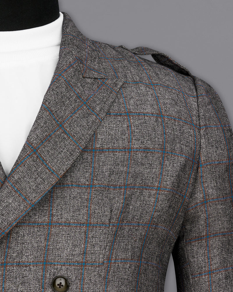 Fuscous Gray Windowpane Double Breasted Designer Trench Coat with pant