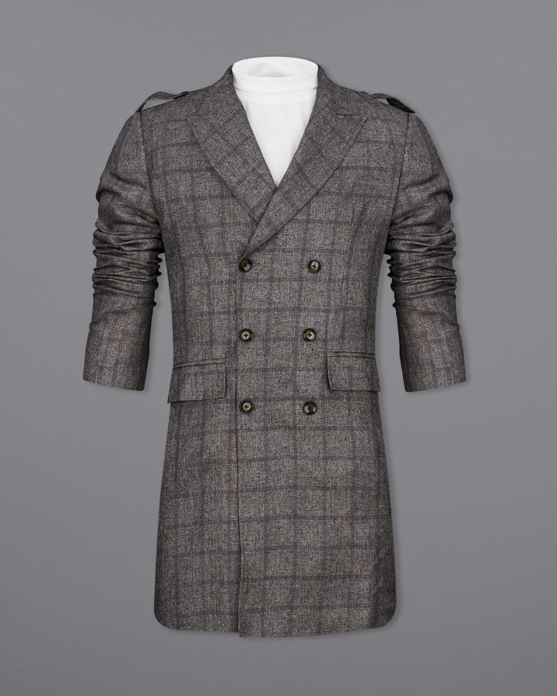 Fuscous Gray Windowpane Double Breasted Designer Trench Coat with pant