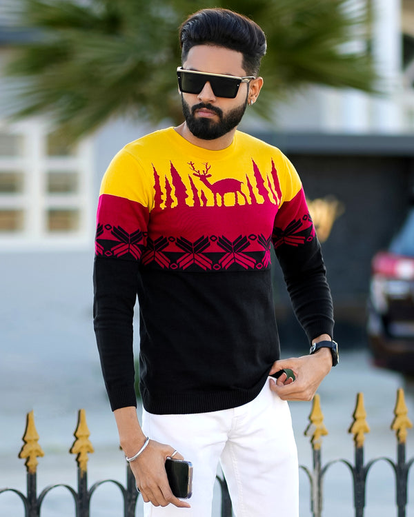 Gold Tips with Carmine Red and Black Jacquard Deer Textured Super Soft Premium Jersey Sweatshirt