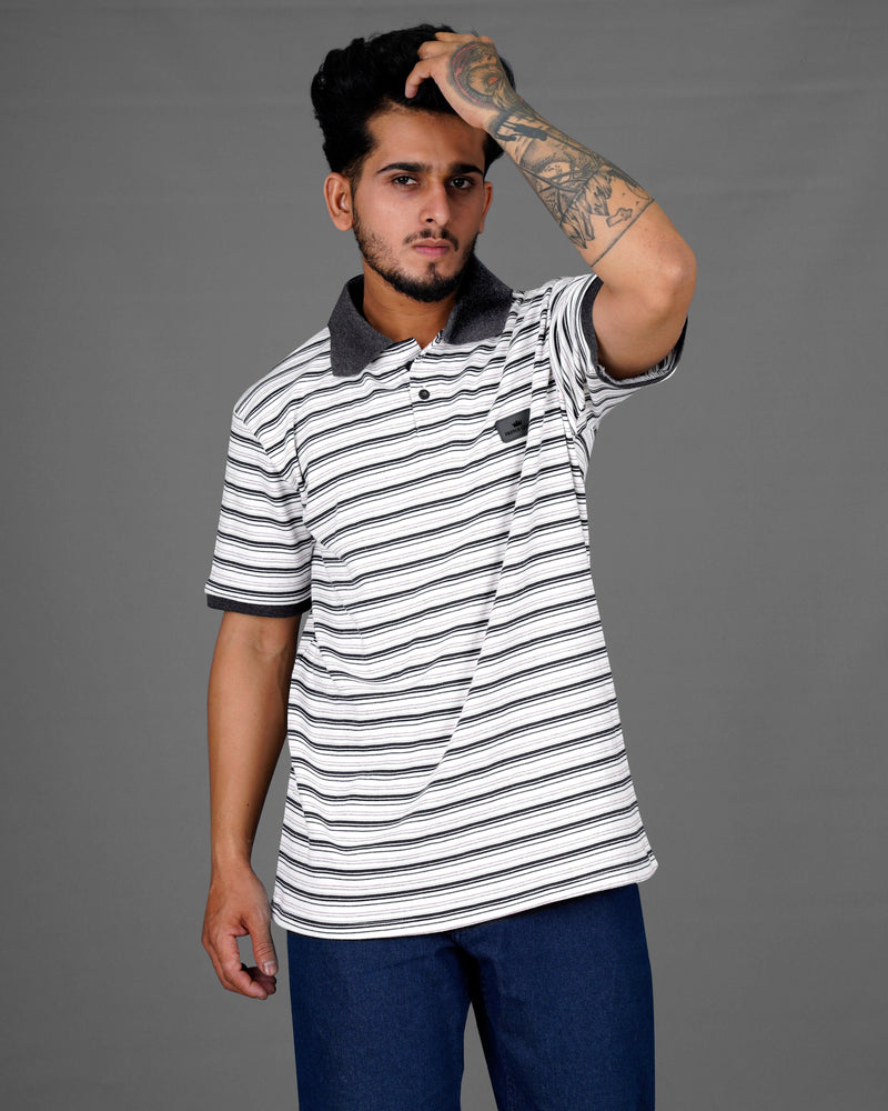 Bright White with Jade Black Multicolour Striped Super Soft Organic Pique Polo