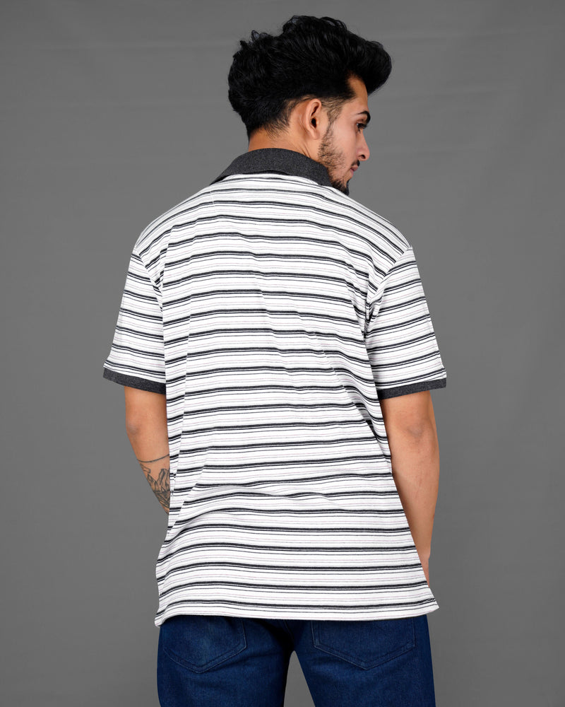 Bright White with Jade Black Multicolour Striped Super Soft Organic Pique Polo