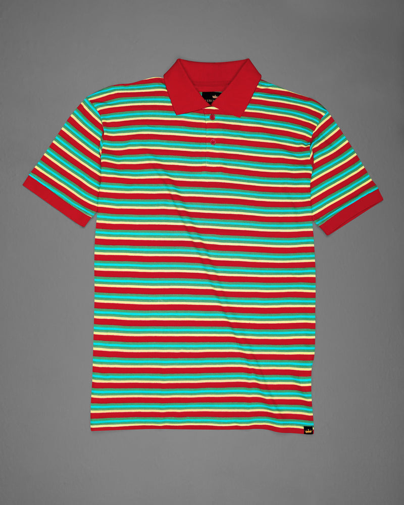 Shiraz Red and Viridian Green Multicolour Striped Super Soft Organic Cotton Pique Polo TS625-S, TS625-M, TS625-R, TS625-XL, TS625-XXL, TS625-3XL, TS625-4XL