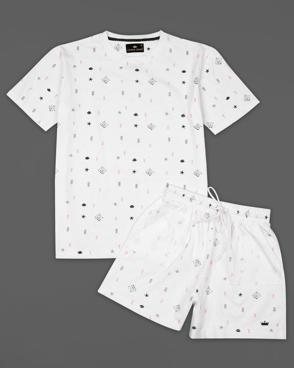 Bright White Printed Organic Cotton T-shirt with Premium Cotton Shorts Combo