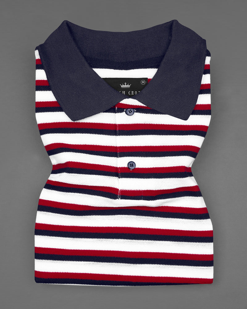 Bright White with Scarlet Red and Mirage Blue Striped Pique Polo TS668-S, TS668-M, TS668-L, TS668-XL, TS668-XXL