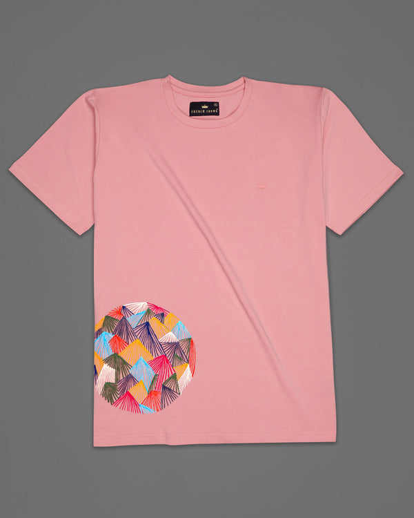 Light Thulian Pink with Multicolour Mountain Like Embroidered Work Organic Cotton T-shirt