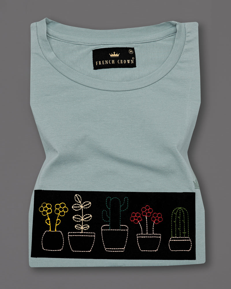 Mountain Mist Green Embroidered Organic Cotton T-Shirt