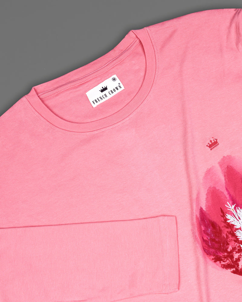 Sundown Pink with Trees Hand Painting and Hand Stitched Work Organic Cotton T-shirt