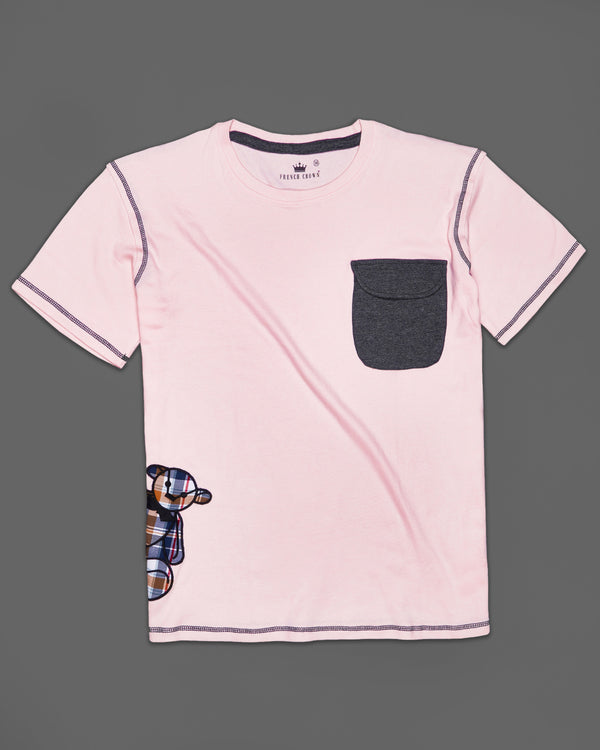 Pinocchio Pink Patch Work with Teddy Embroidered Premium Cotton Designer T-shirt