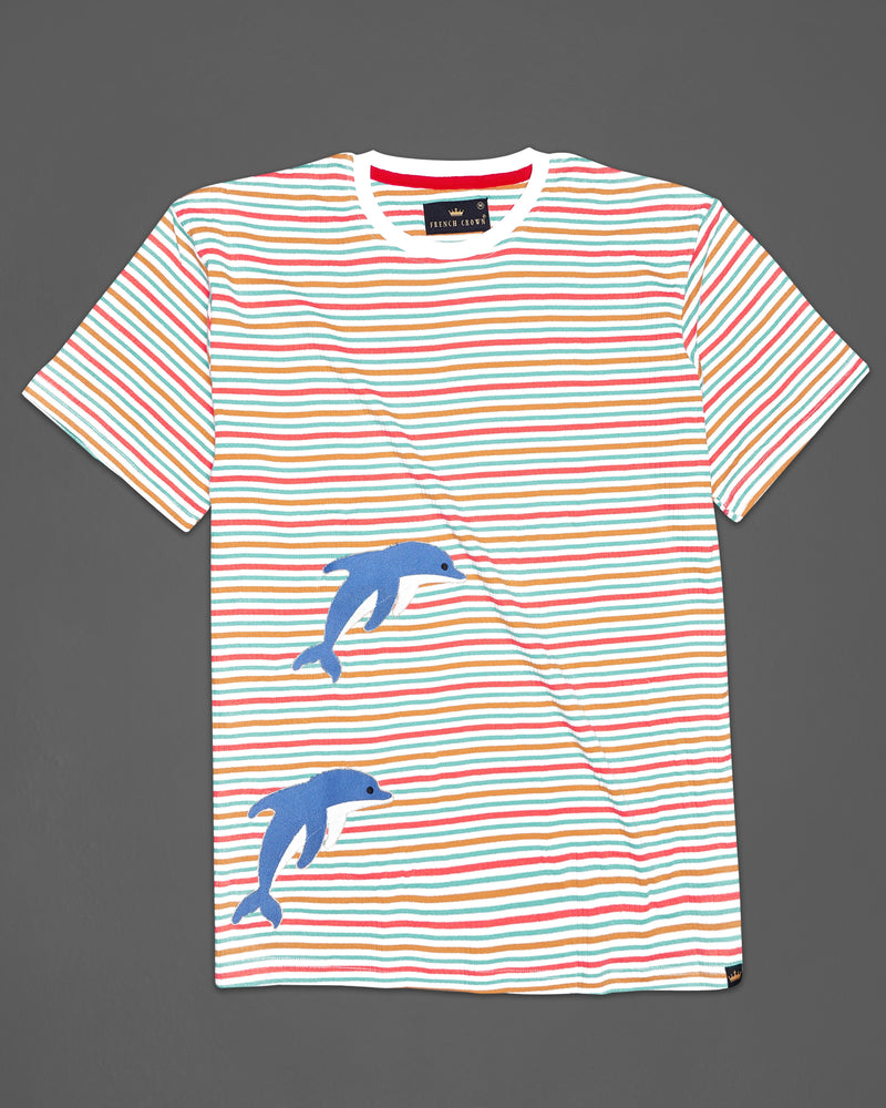 Bright White and Apricot Pink Multicolour Striped with Dolphin patchworked Premium Cotton T-shirt