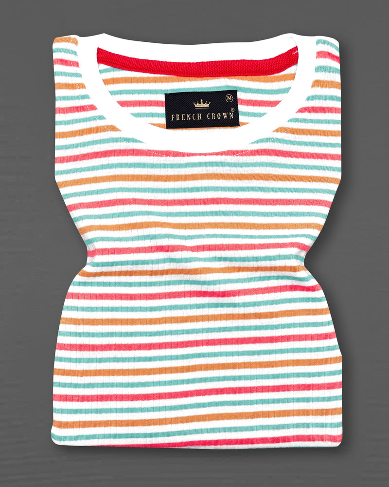 Bright White and Apricot Pink Multicolour Striped with Dolphin patchworked Premium Cotton T-shirt