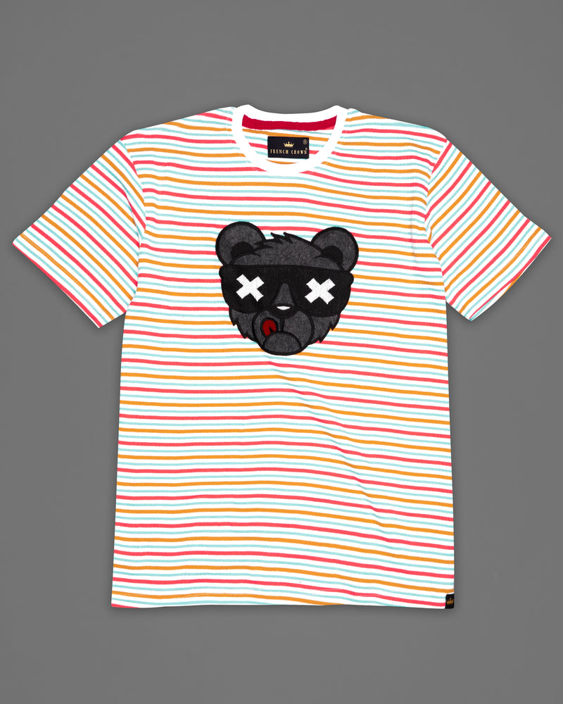 Carmine Red with Blizzard Blue Multicolor Striped and Embroidered Patch worked Premium Cotton T-shirt