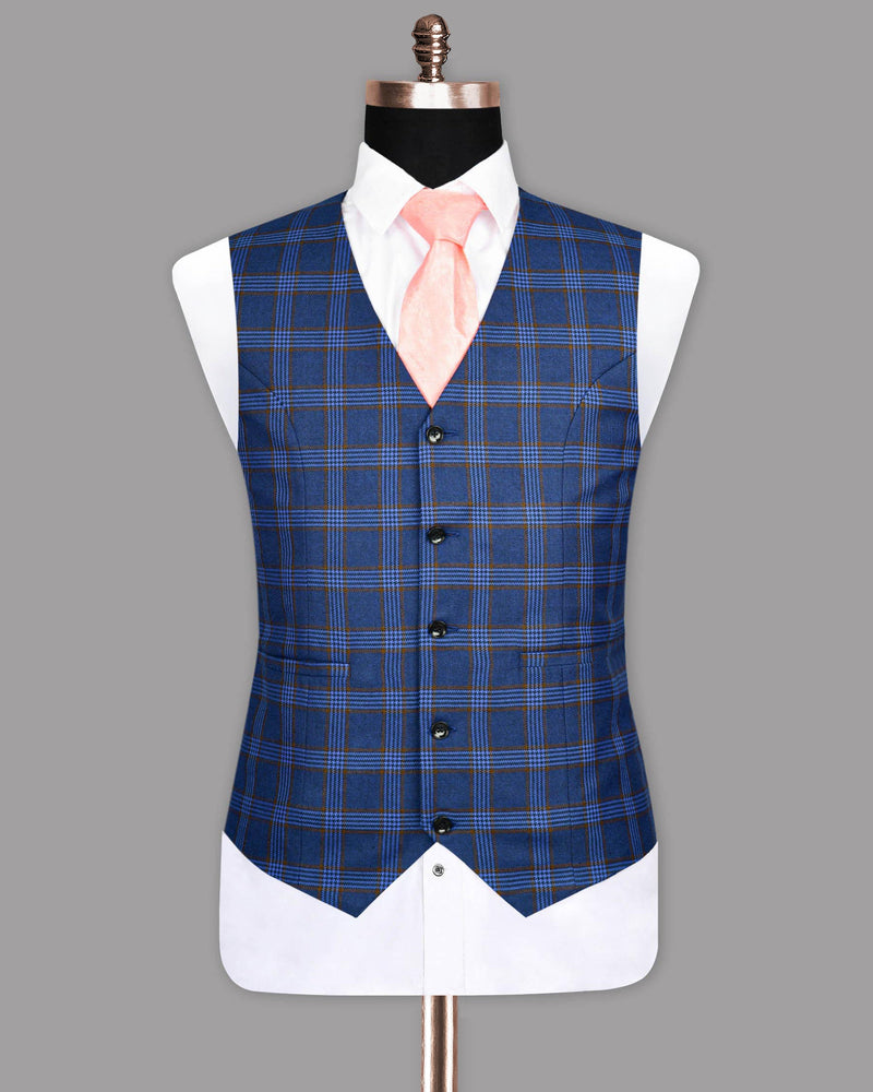 Catalina and Royal Blue with Raw Umber Brown Plaid Waistcoat V1103-36, V1103-38, V1103-42, V1103-54, V1103-40, V1103-44, V1103-46, V1103-50, V1103-56, V1103-52, V1103-58, V1103-60, V1103-48