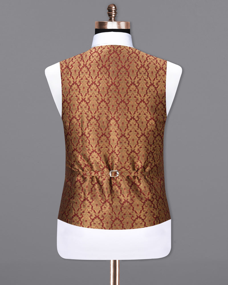 Vivid Auburm and Golden Jacquard Textured Waistcoat