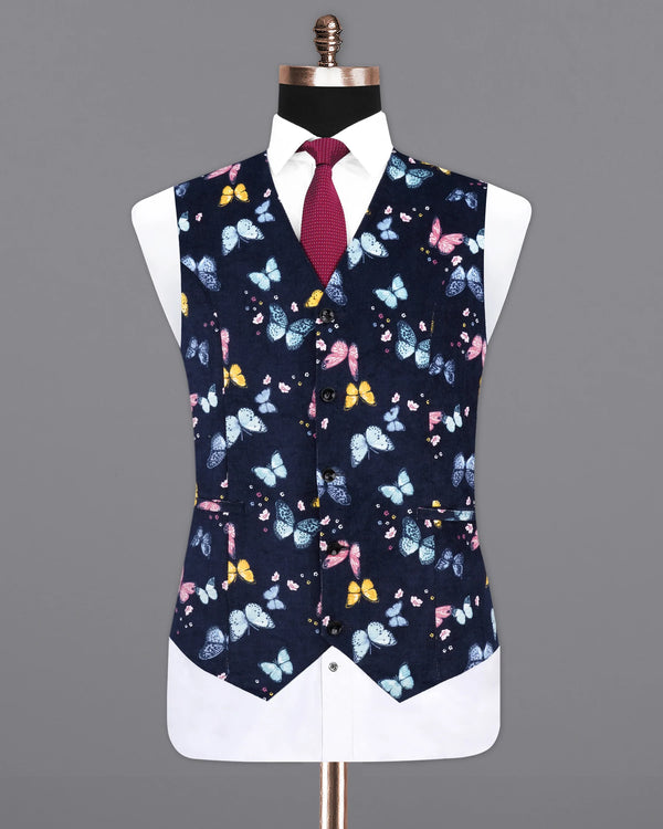 Cider Navy Blue Butterfly Printed Premium Waistcoat V2156-36, V2156-38, V2156-40, V2156-42, V2156-44, V2156-46, V2156-48, V2156-50, V2156-52, V2156-54, V2156-56, V2156-58, V2156-60