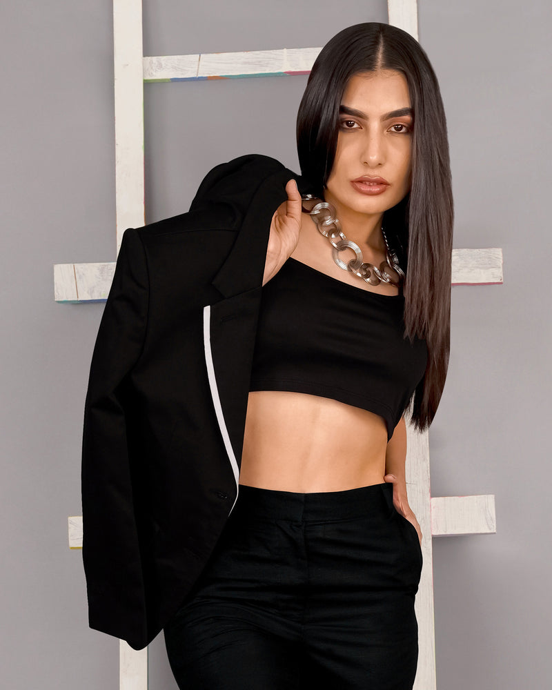 Jade Black with White Borders Premium Cotton Women's Blazer