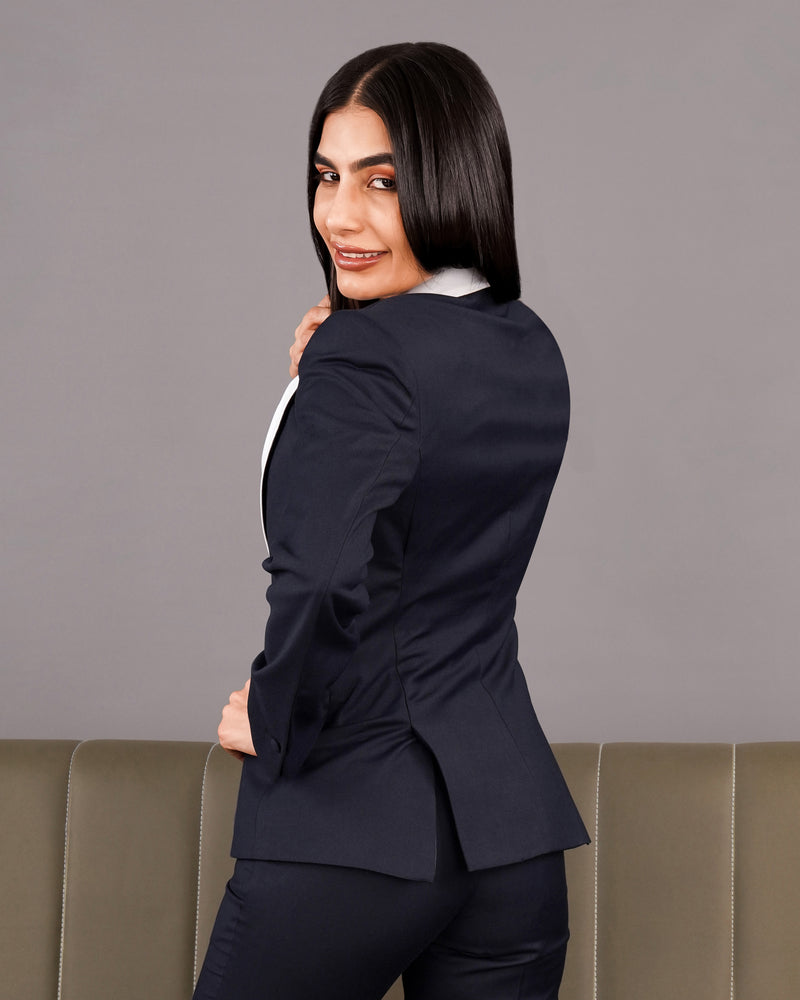 Charade Navy Blue with White Lapel Single Breasted Women's Blazer