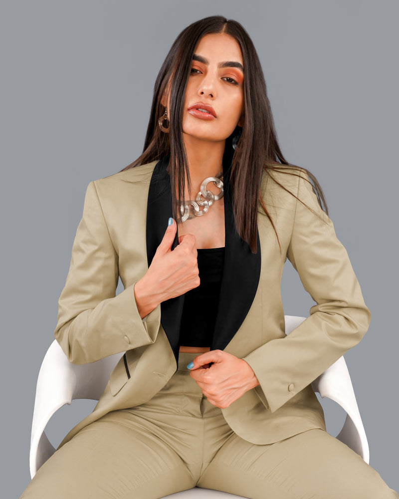 Hazelnut Cream with Black Lapel Single Breasted Women's Blazer