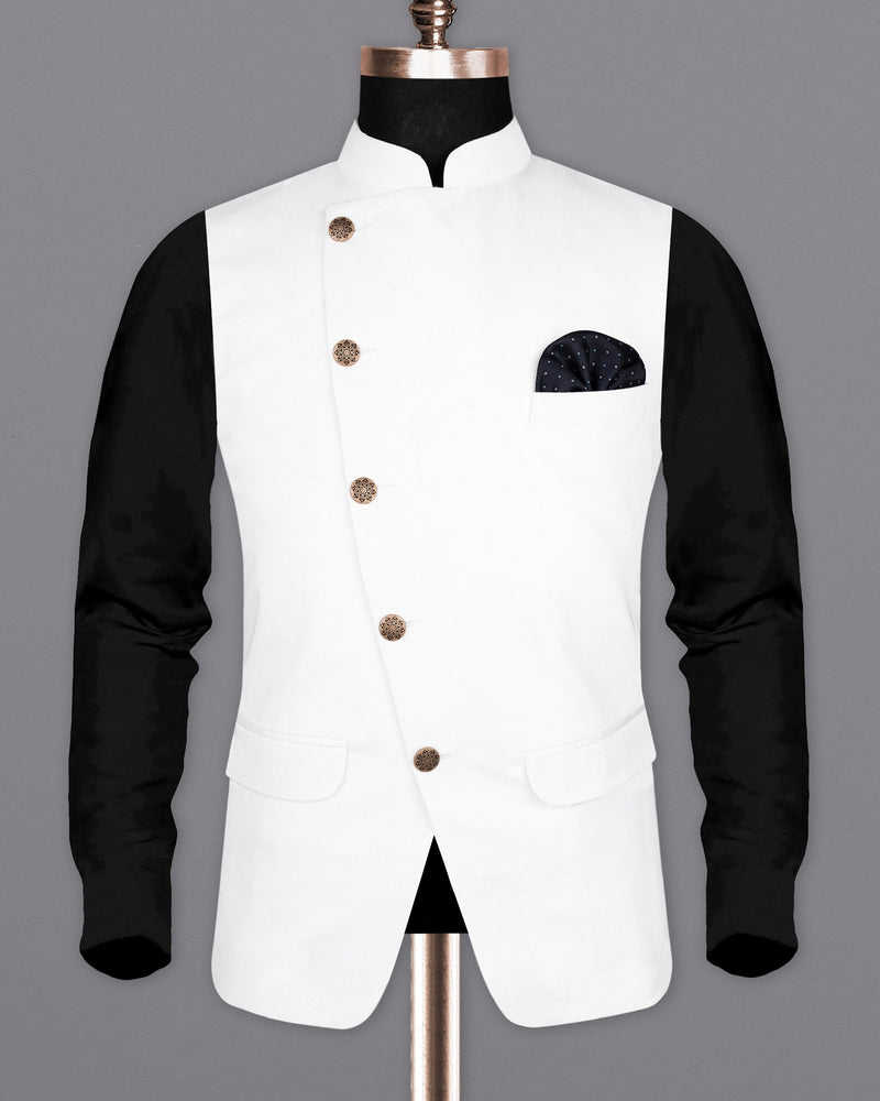 Bright White Cross Buttoned Cotton Nehru Jacket