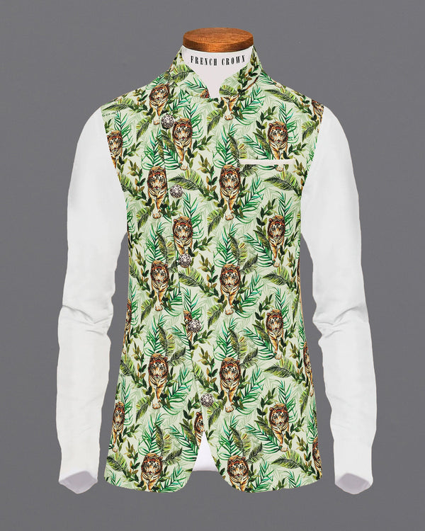 Forest Green Tiger Print Premium Cross Buttoned Designer Nehru Jacket