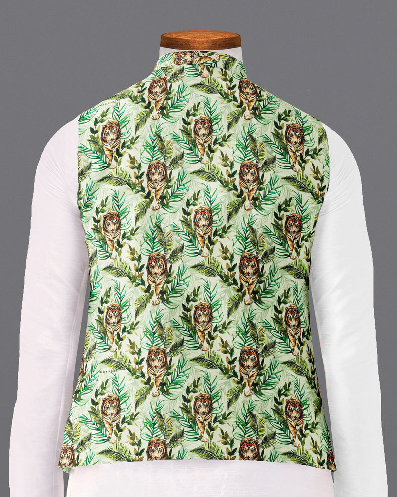 Forest Green Tiger Print Premium Cross Buttoned Designer Nehru Jacket