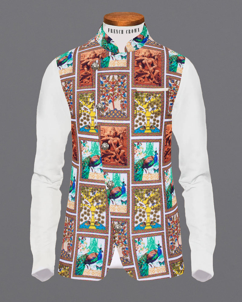 Deity Saraswathi, Peacock and Banyan Tree Print Premium Cross-Buttoned Nehru Jacket