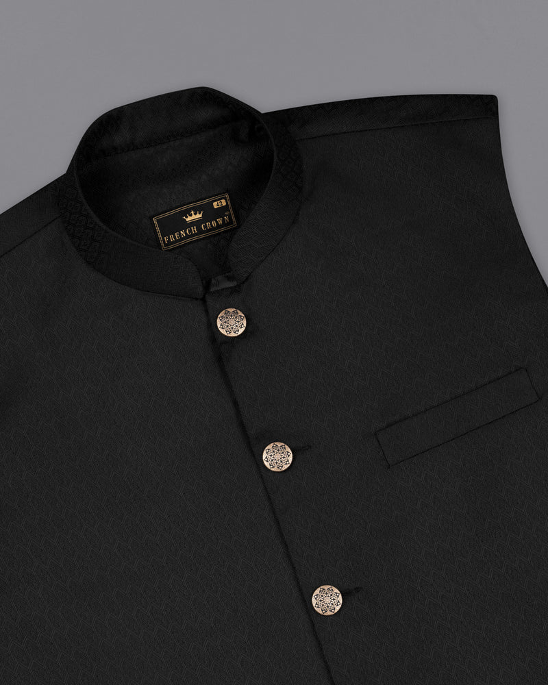 Midnight Moss Black Jacquard Leaves Patterned Textured Nehru Jacket