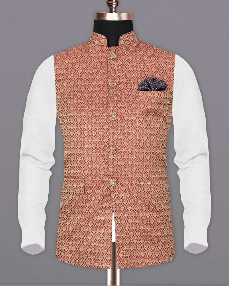 Merlot Red and Anzac Cream Jacquard Textured Nehru Jacket