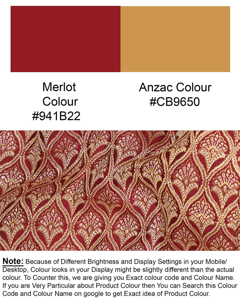 Merlot Red and Anzac Cream Jacquard Textured Nehru Jacket