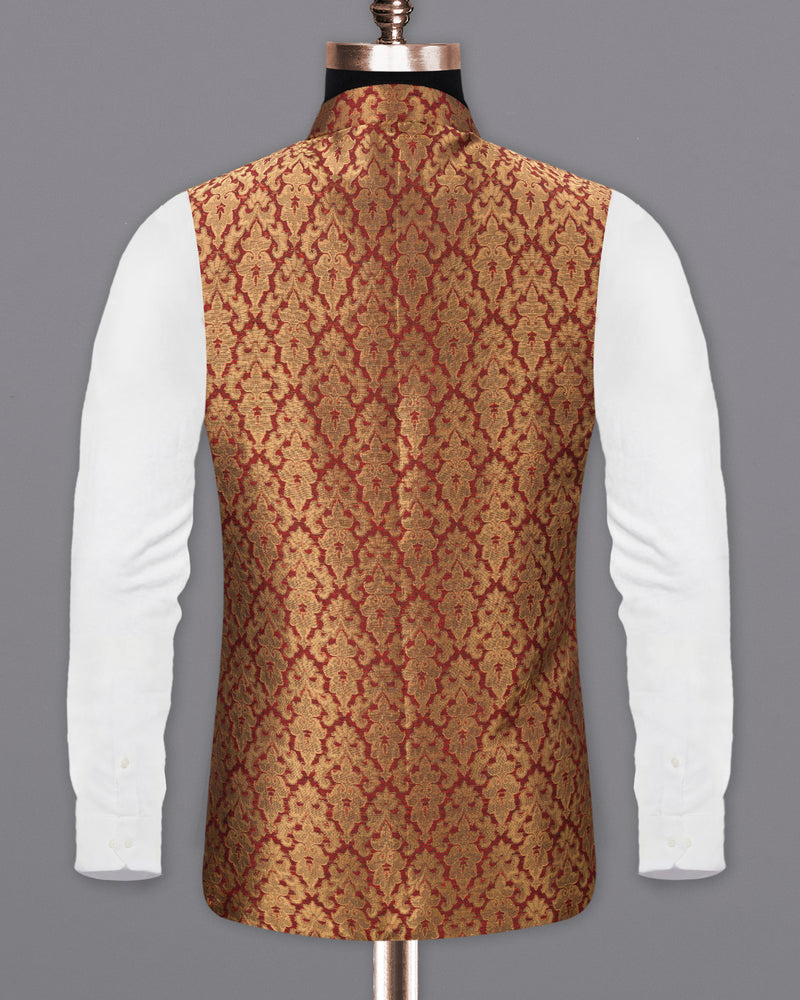 Vivid Auburm and Golden Jacquard Textured Nehru Jacket