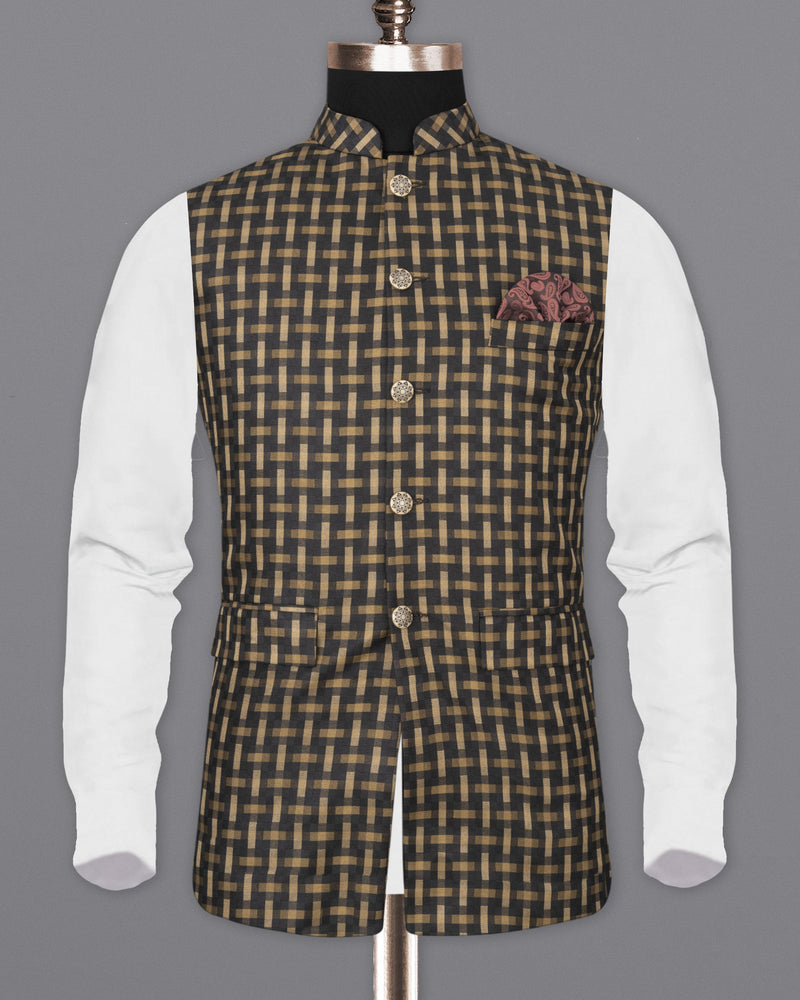 Smoky Black and Harvest Gold Plaid Nehru Jacket
