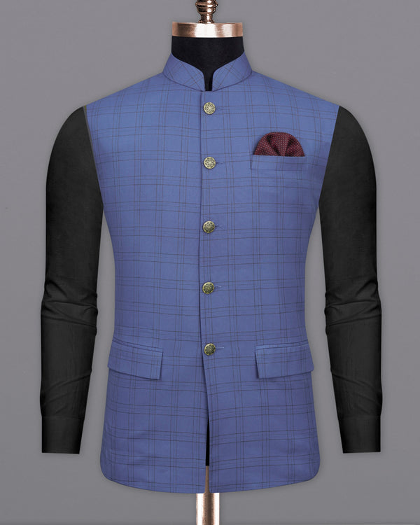 Scampi Blue With Pickled Brown Plaid Nehru Jacket WC2017-36, WC2017-38, WC2017-40, WC2017-42, WC2017-44, WC2017-46, WC2017-48, WC2017-50, WC2017-52, WC2017-54, WC2017-56, WC2017-58, WC2017-60