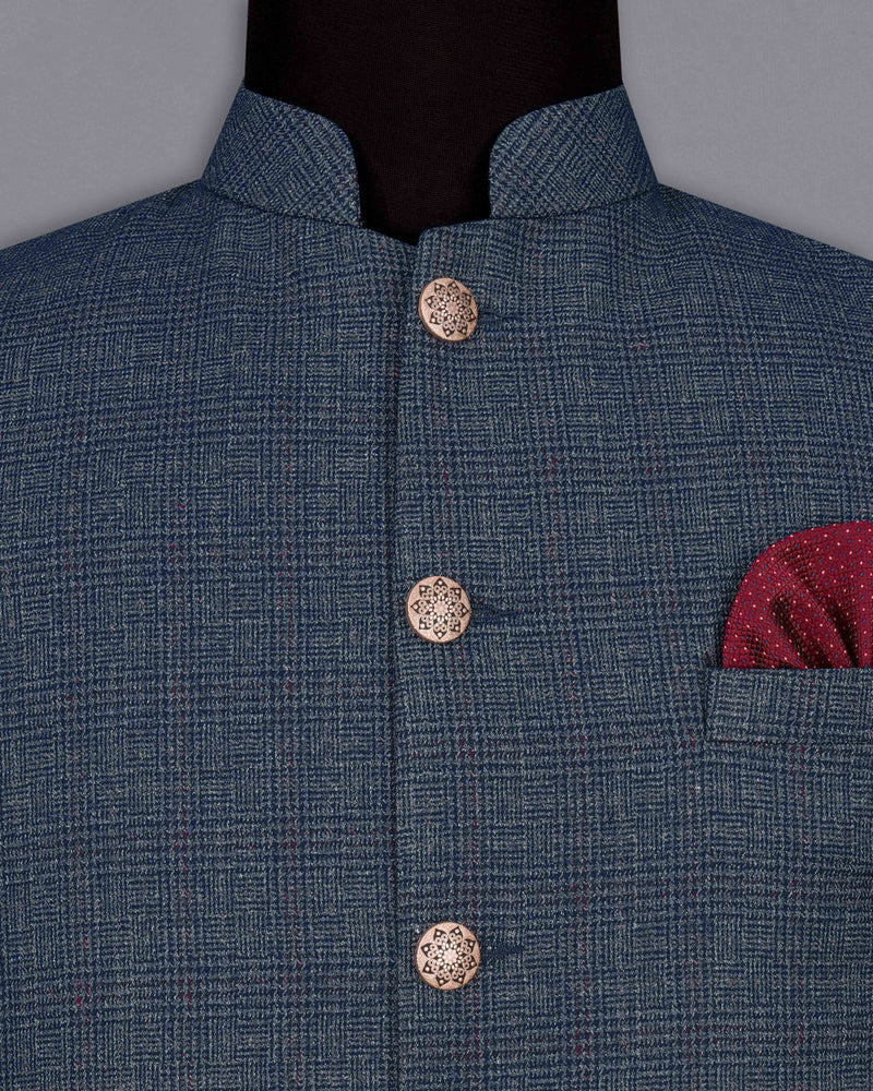 Bunting Blue Subtle Plaid Bandhgala Nehru Jacket WC2041-36, WC2041-38, WC2041-40, WC2041-42, WC2041-44, WC2041-46, WC2041-48, WC2041-50, WC2041-52, WC2041-54, WC2041-56, WC2041-58, WC2041-60