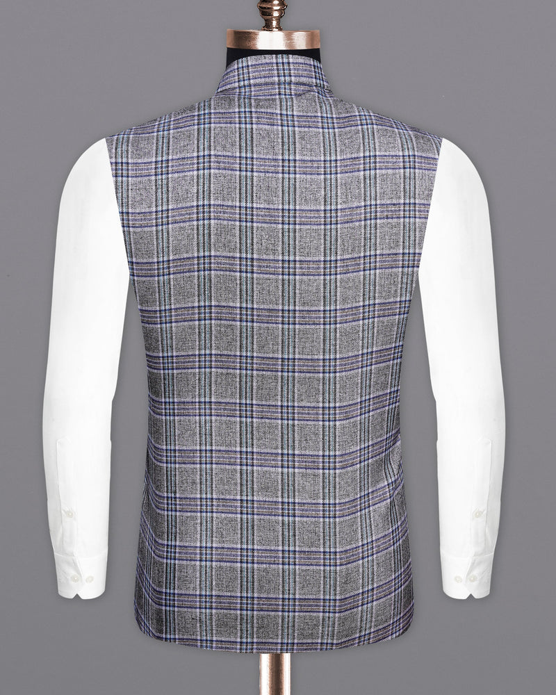 StarDust Gray with Martinique Blue Plaid Bandhgala Nehru Jacket WC2145-38, WC2145-39, WC2145-40, WC2145-42, WC2145-44, WC2145-46, WC2145-48, WC2145-50, WC2145-52
