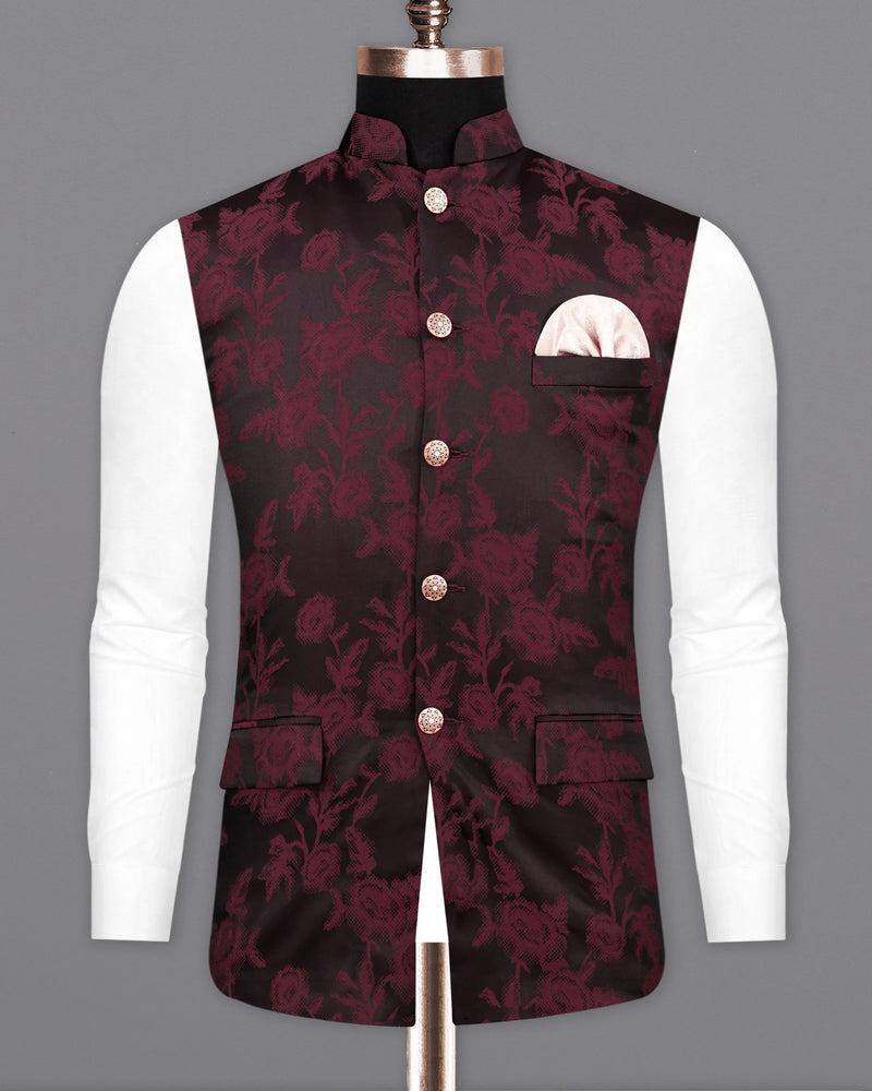 Zeus Black with Lonestar Maroon Floral Printed Nehru Jacket WC2163-38, WC2163-39, WC2163-40, WC2163-42, WC2163-44, WC2163-46, WC2163-48, WC2163-50, WC2163-52