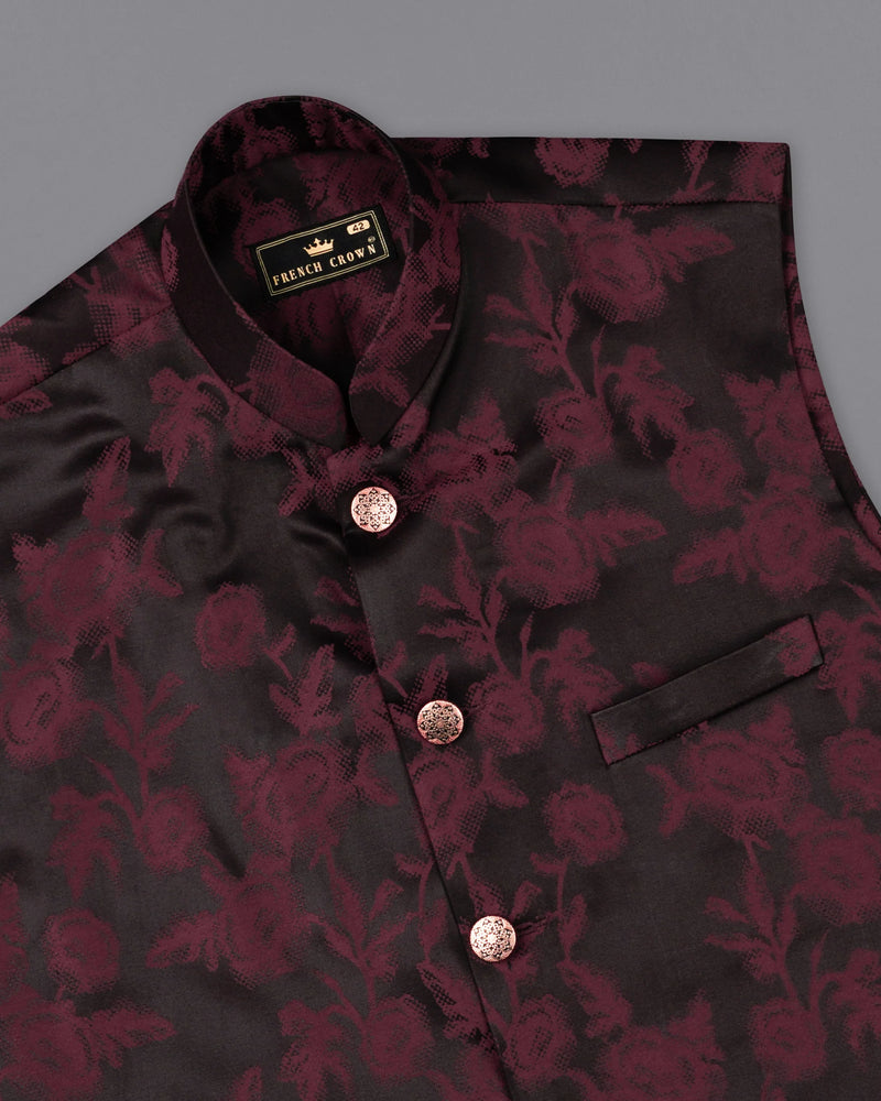 Zeus Black with Lonestar Maroon Floral Printed Nehru Jacket WC2163-38, WC2163-39, WC2163-40, WC2163-42, WC2163-44, WC2163-46, WC2163-48, WC2163-50, WC2163-52